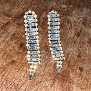 Elegant Vintage Silver Plate Rhinestone Drop Clip On Earrings